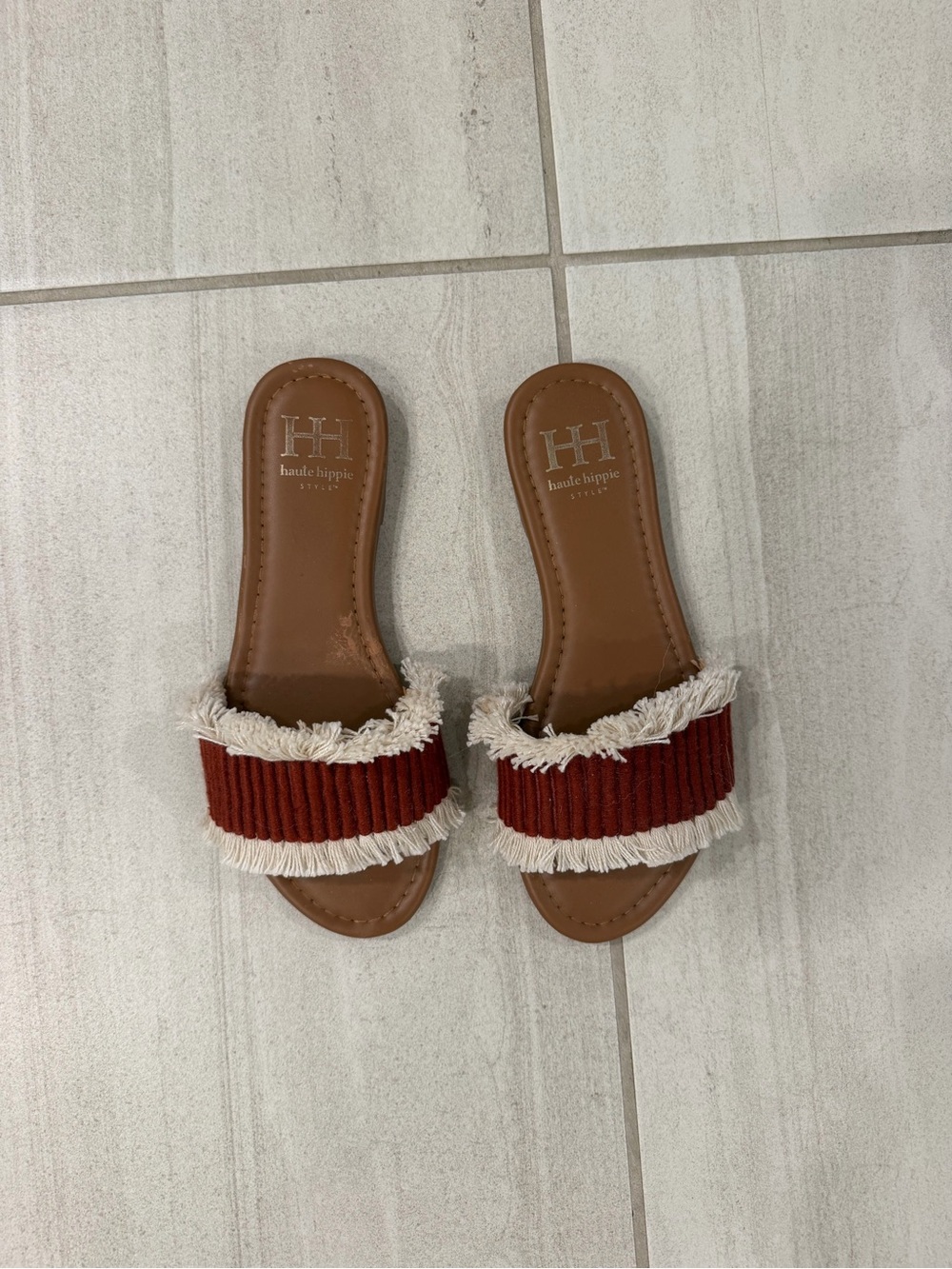 Haute Hippie rust red fringe slide sandals with cream trim